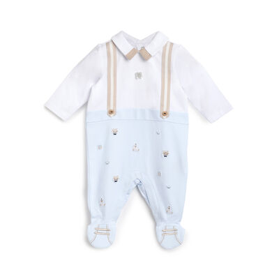 Boys White and Light Blue Printed Leg Opening Babysuit